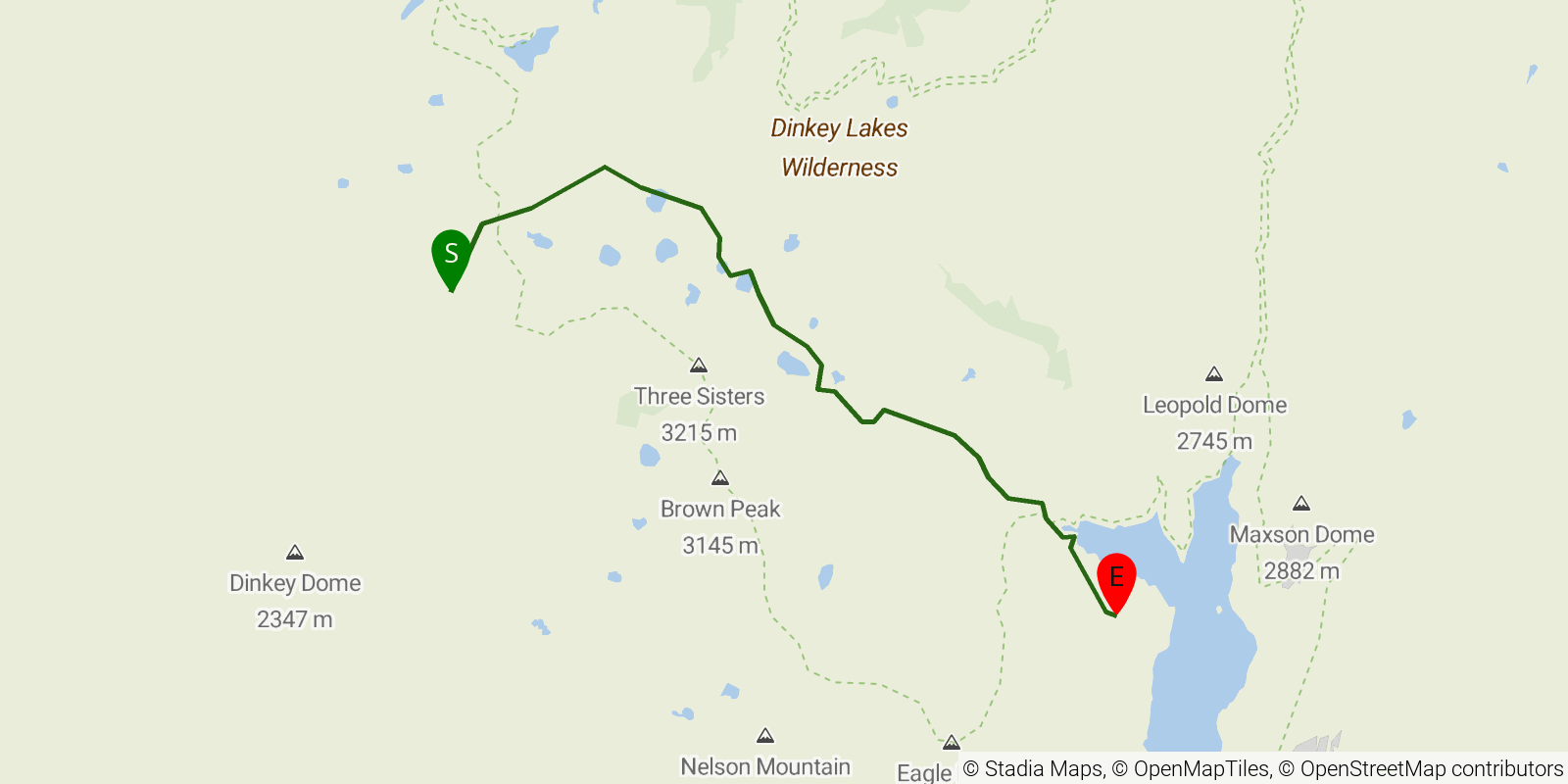 Route map of the Dinkey Lakes Trail on OpenStreetMap terrain