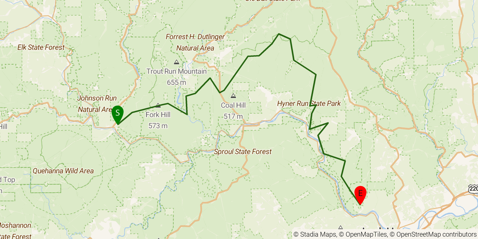 Route map of the Donut Hole Trail on OpenStreetMap terrain