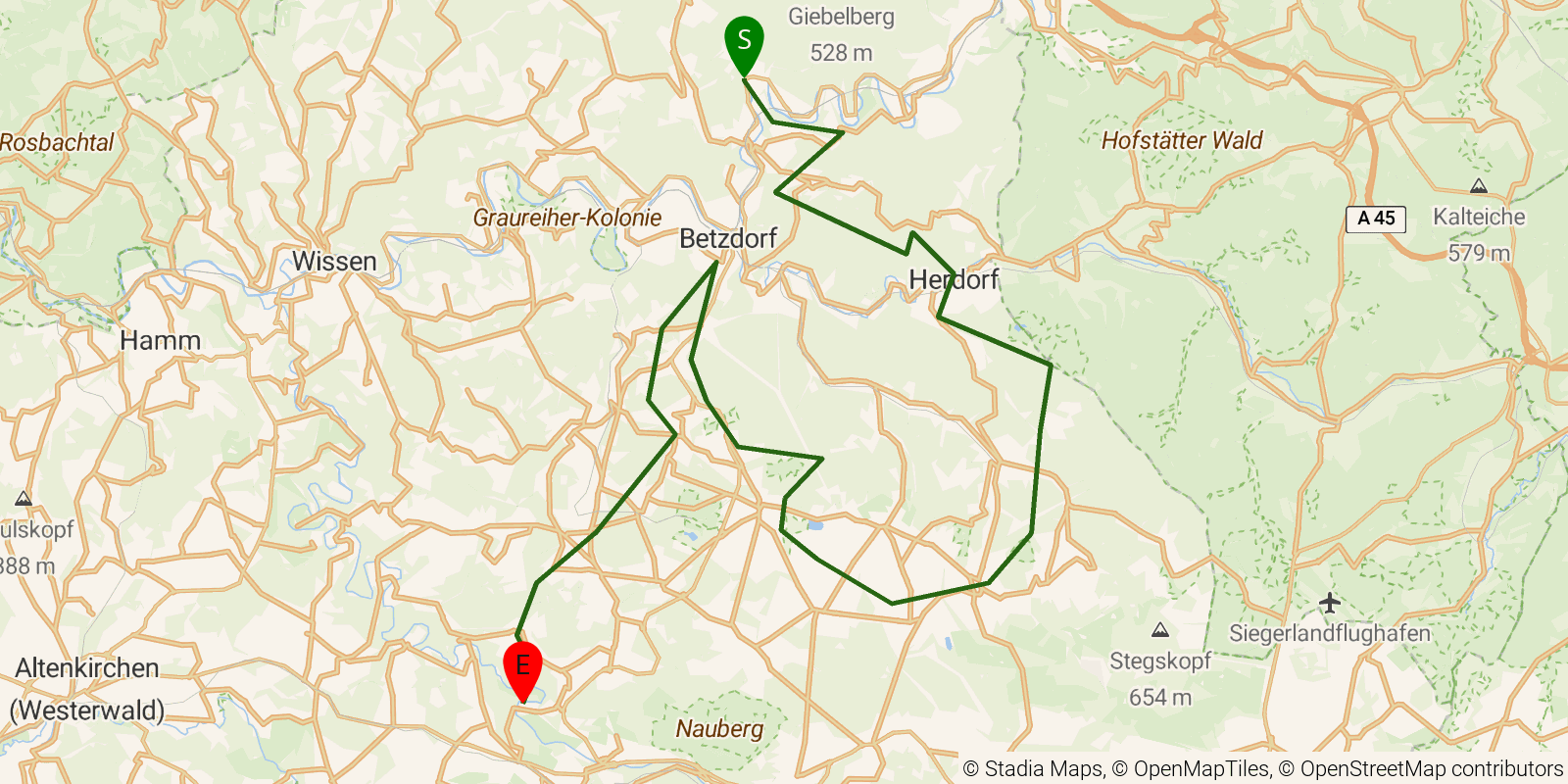 Route map of the Druidensteig on OpenStreetMap terrain