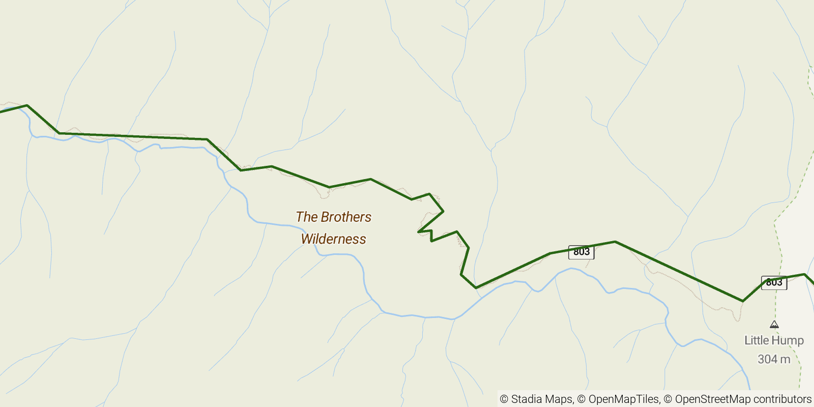 Route map of the Duckabush Trail on OpenStreetMap terrain
