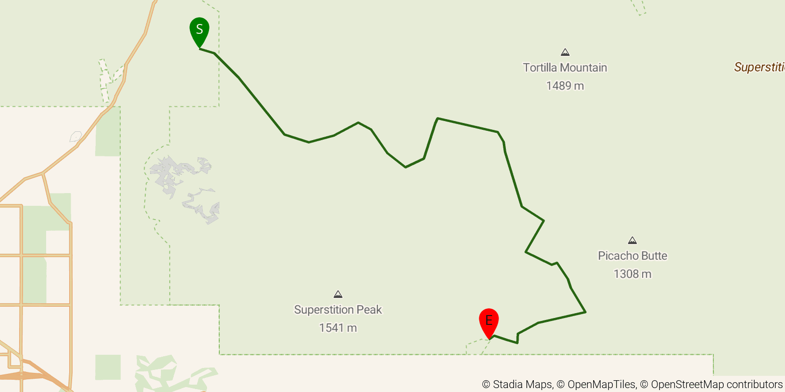 Route map of the Dutchman Loop (Superstitions) on OpenStreetMap terrain