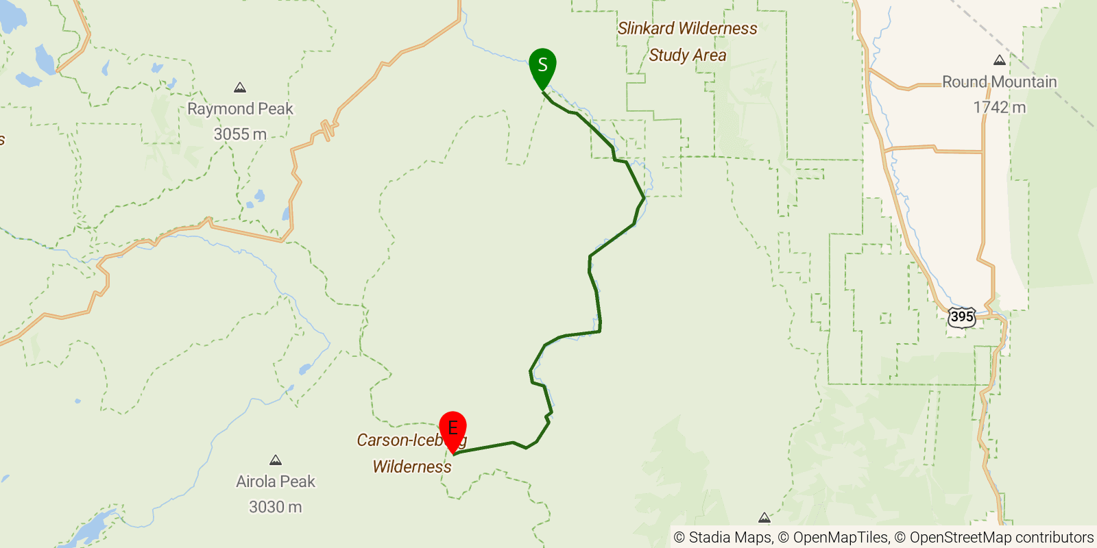 Route map of the East Carson River Trail on OpenStreetMap terrain