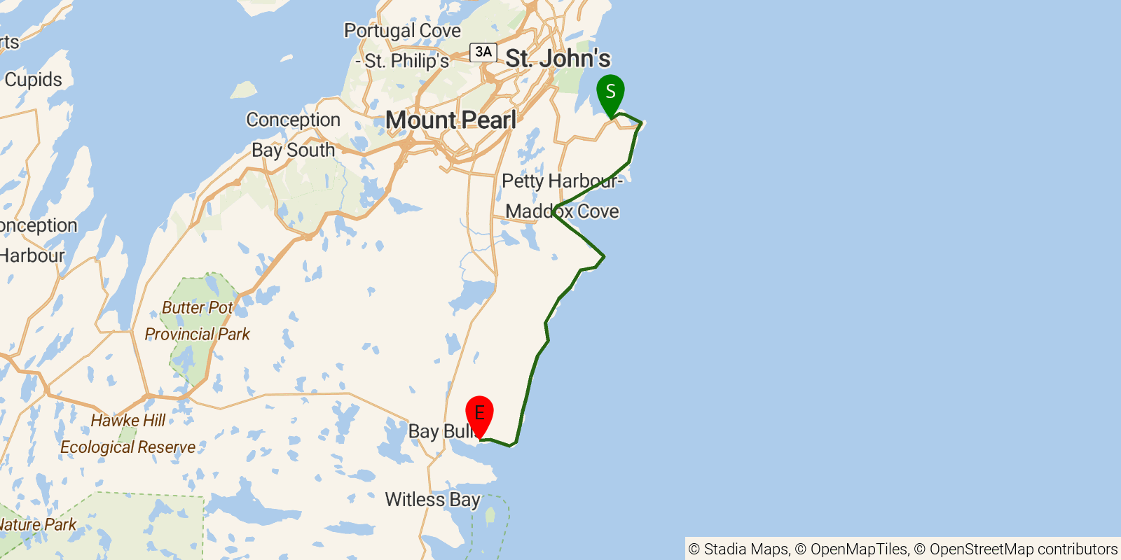 Route map of the East Coast Trail — Sections 11–13: Blackhead to Bay Bulls on OpenStreetMap terrain