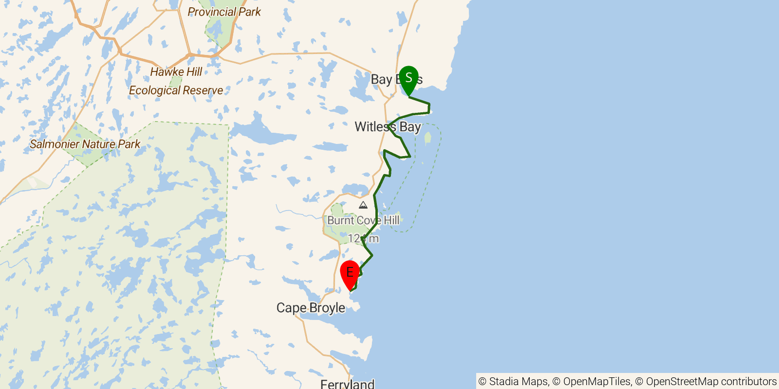 Route map of the East Coast Trail — Sections 14–18: Bay Bulls to Brigus South on OpenStreetMap terrain