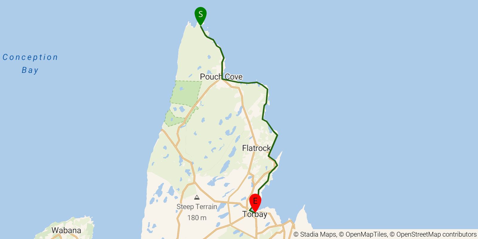 Route map of the East Coast Trail — Sections 4–6: Cape St. Francis to Torbay on OpenStreetMap terrain