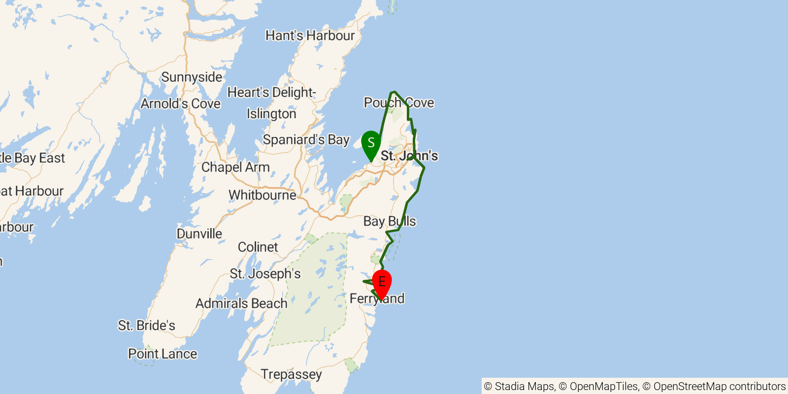 Route map of the East Coast Trail on OpenStreetMap terrain
