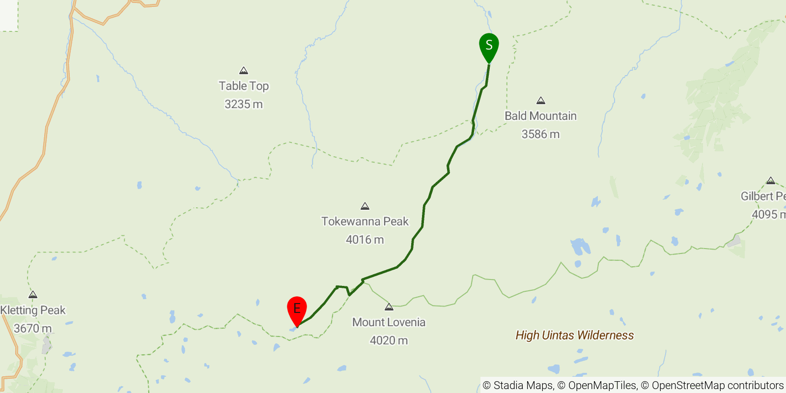 Route map of the East Fork Blacks Fork to Dead Horse Lake on OpenStreetMap terrain