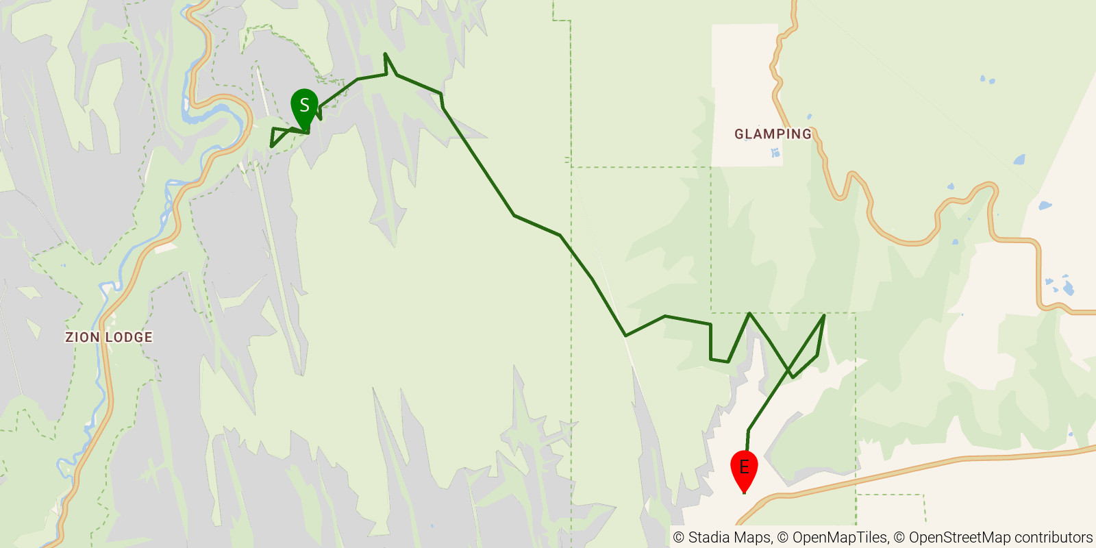 Route map of the East Rim Trail (Zion) on OpenStreetMap terrain