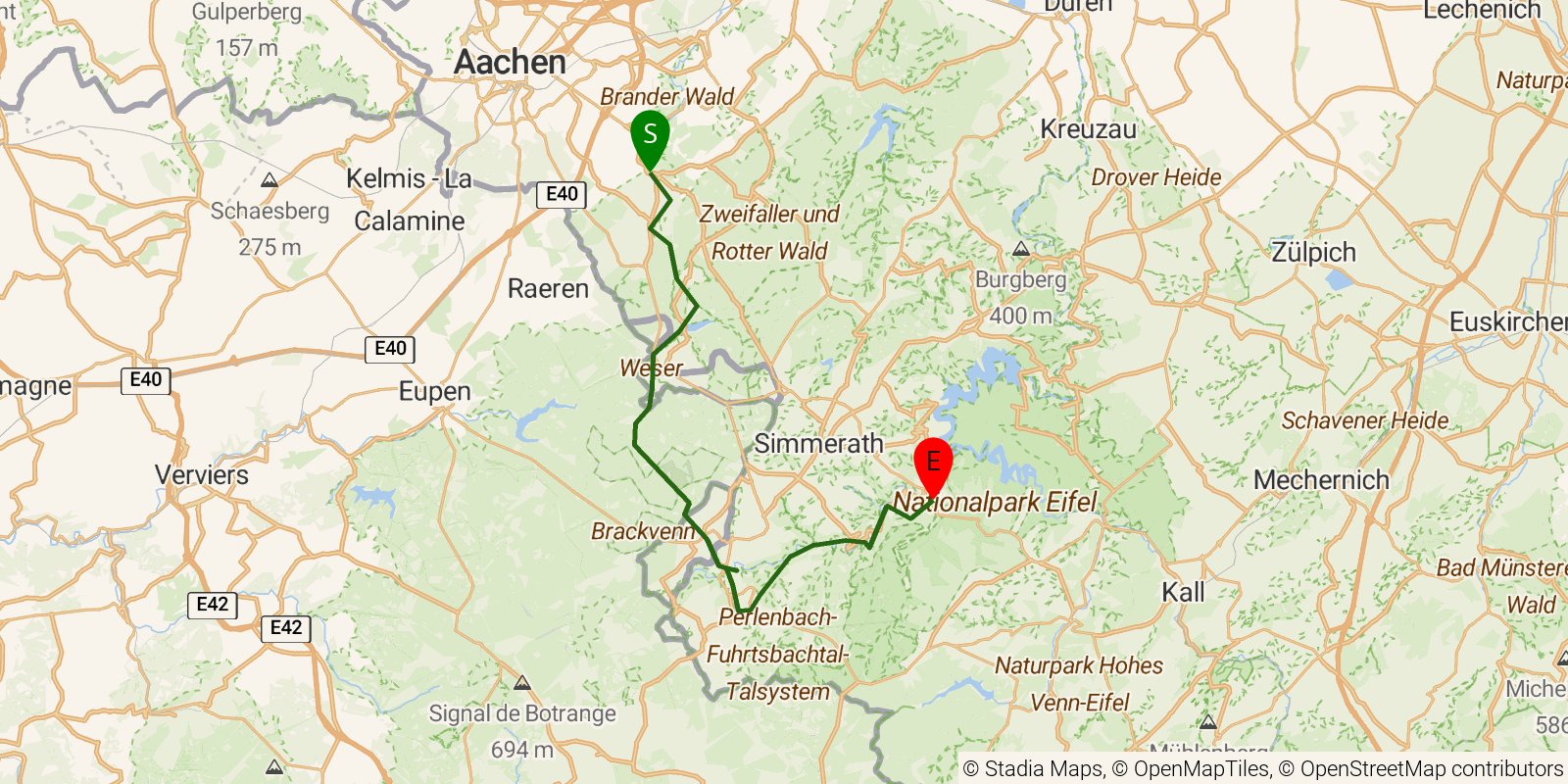 Route map of the Eifelsteig — Stages 1–3: Aachen-Kornelimünster to Einruhr on OpenStreetMap terrain