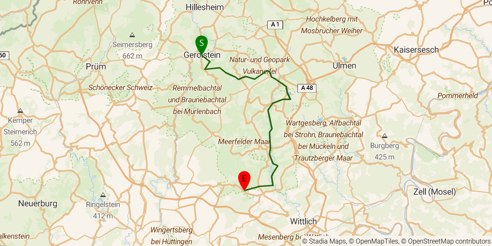 Route map of the Eifelsteig — Stages 10–12: Gerolstein to Kloster Himmerod on OpenStreetMap terrain