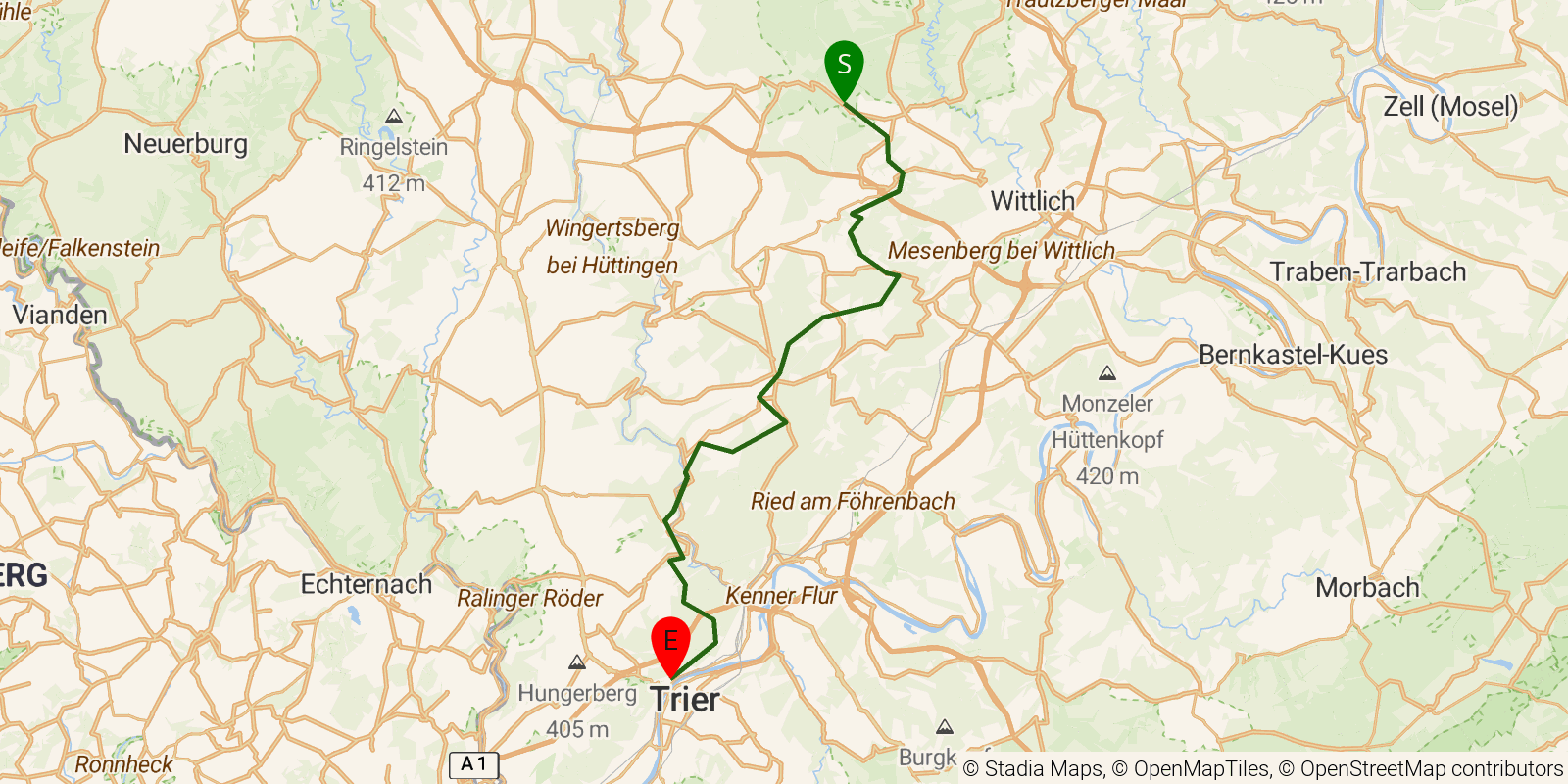 Route map of the Eifelsteig — Stages 13–15: Kloster Himmerod to Trier on OpenStreetMap terrain