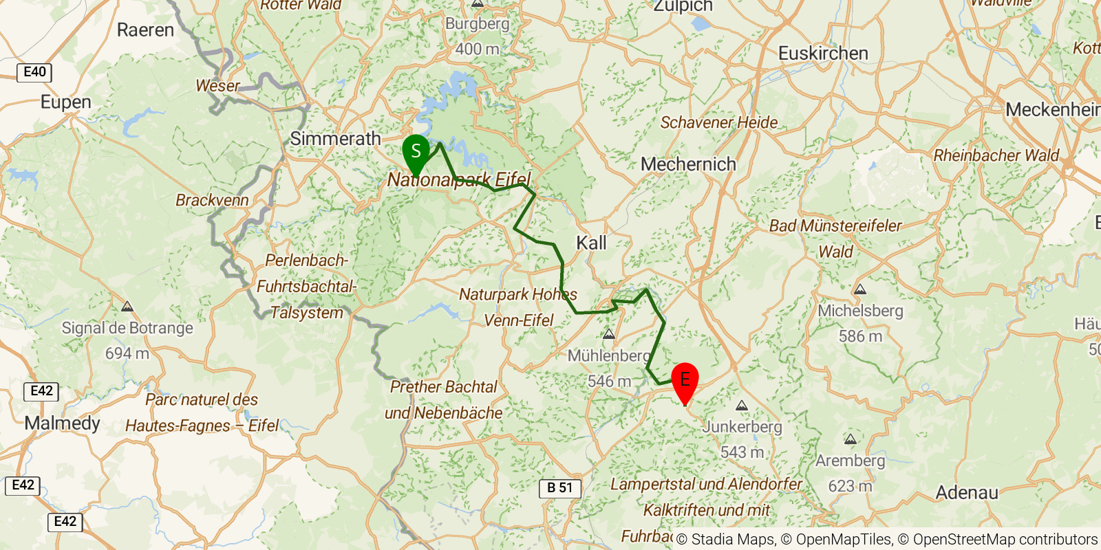 Route map of the Eifelsteig — Stages 4–6: Einruhr to Blankenheim on OpenStreetMap terrain