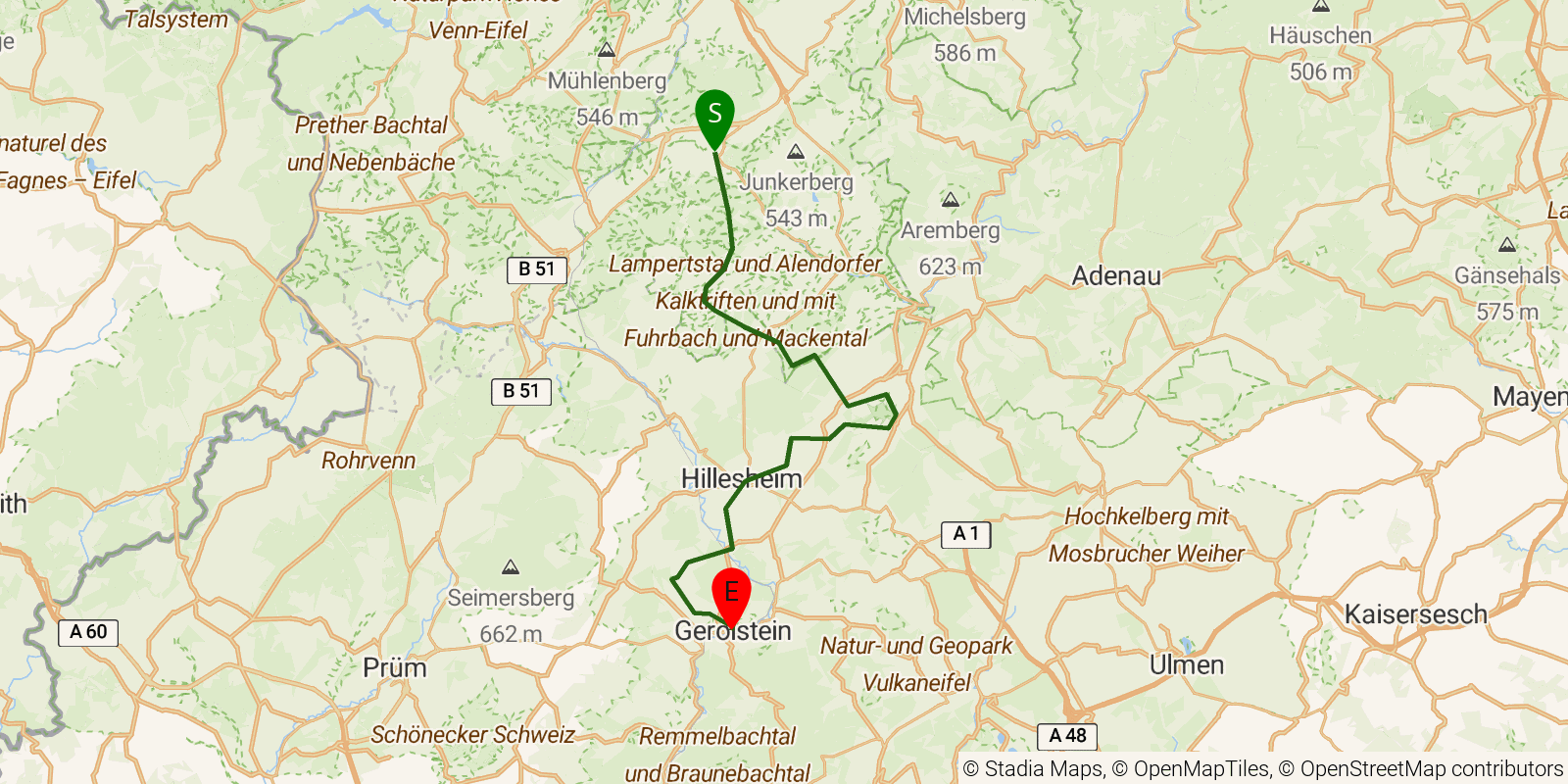 Route map of the Eifelsteig — Stages 7–9: Blankenheim to Gerolstein on OpenStreetMap terrain