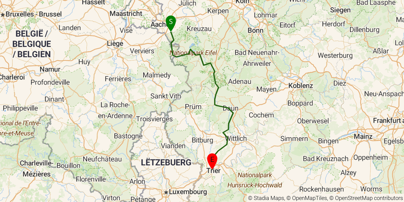 Route map of the Eifelsteig on OpenStreetMap terrain