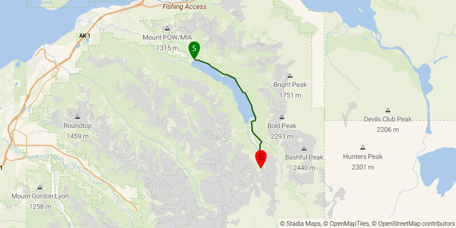 Route map of the Eklutna Lakeside Trail on OpenStreetMap terrain
