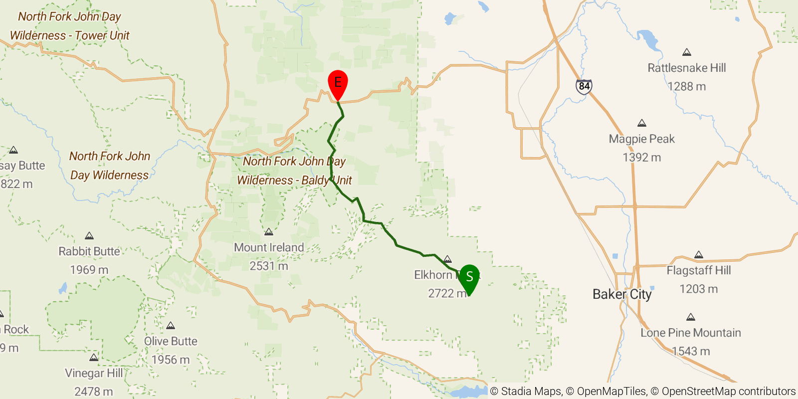 Route map of the Elkhorn Crest Trail on OpenStreetMap terrain
