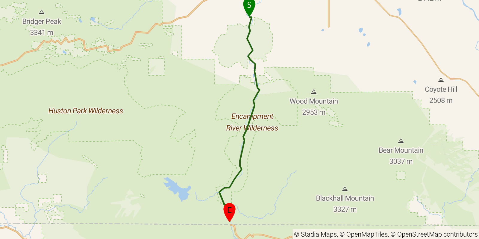 Route map of the Encampment River Trail on OpenStreetMap terrain