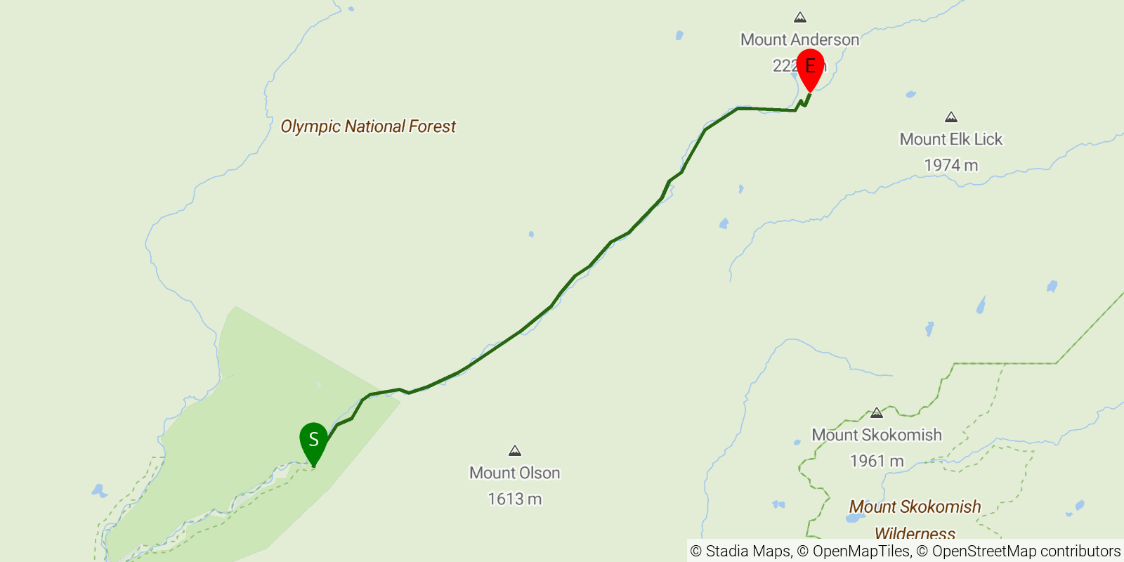 Route map of the Enchanted Valley (East Fork Quinault) on OpenStreetMap terrain