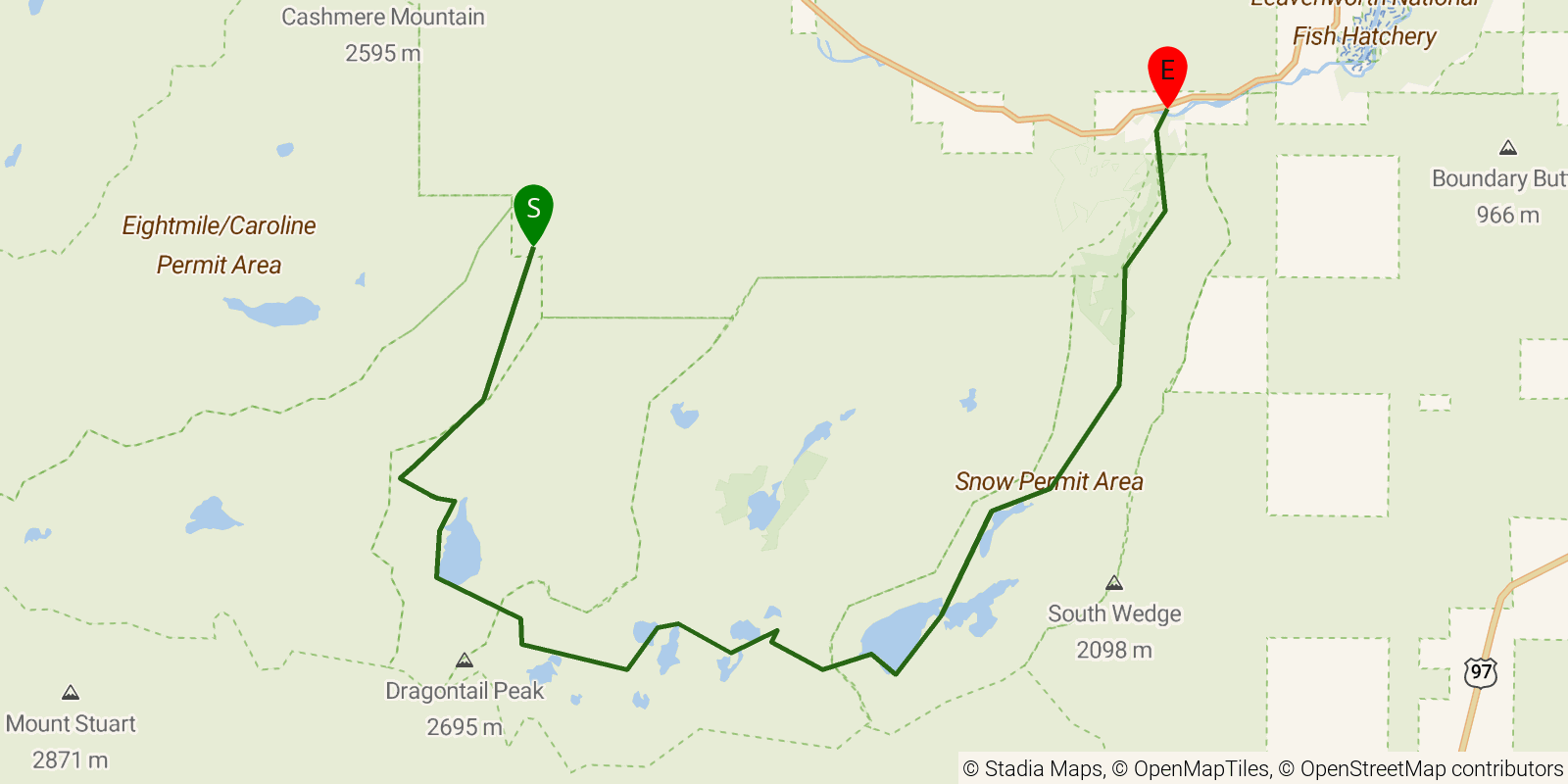 Route map of the Enchantments Traverse on OpenStreetMap terrain