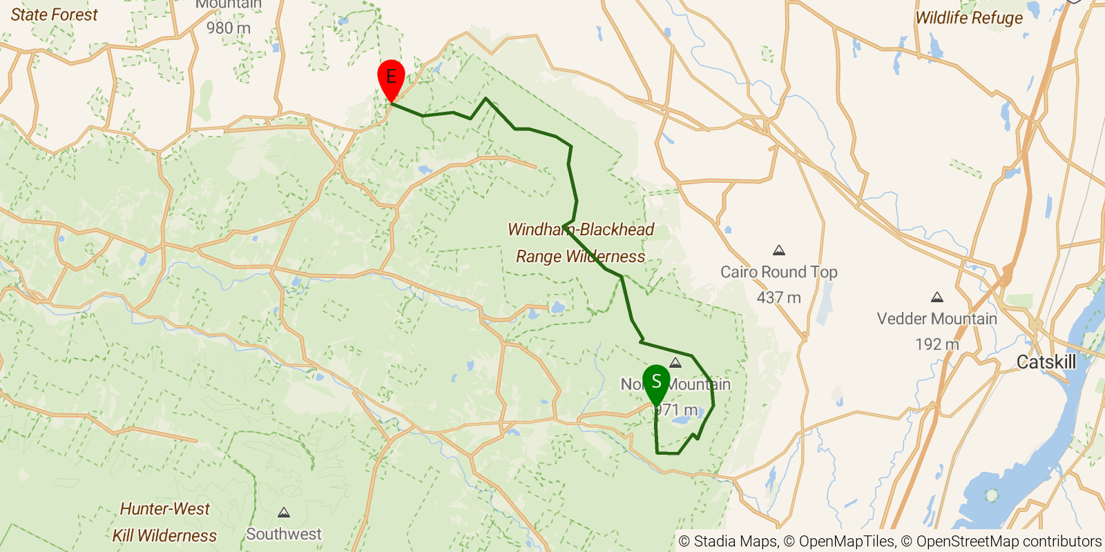 Route map of the Escarpment Trail on OpenStreetMap terrain
