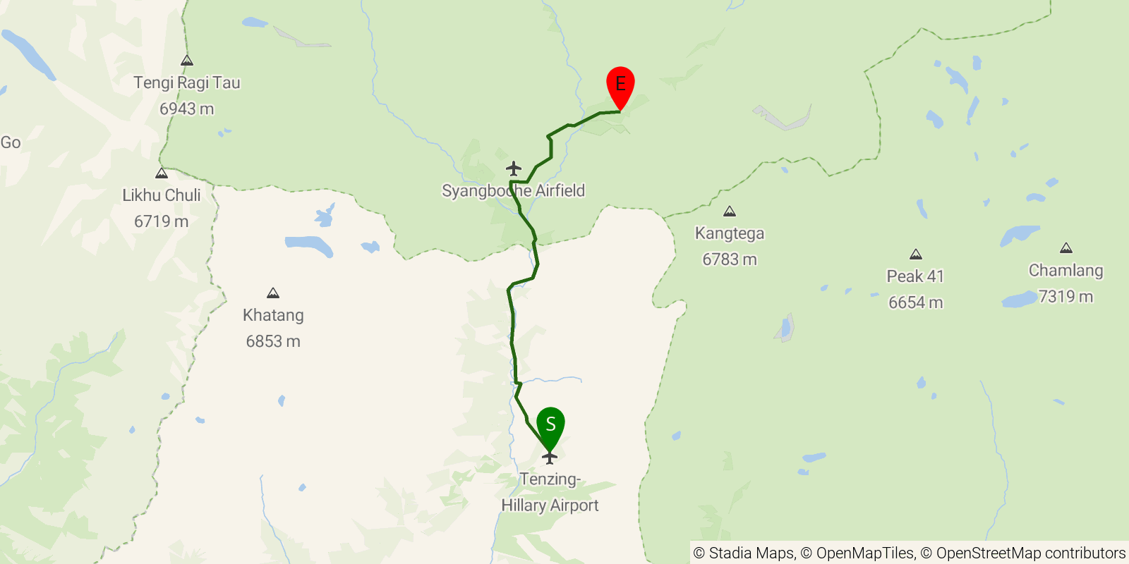 Route map of the Everest Base Camp Trek — Stages 1–4: Lukla to Tengboche on OpenStreetMap terrain