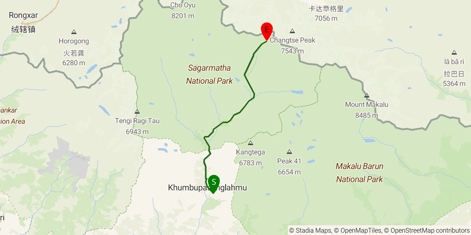 Route map of the Everest Base Camp Trek on OpenStreetMap terrain