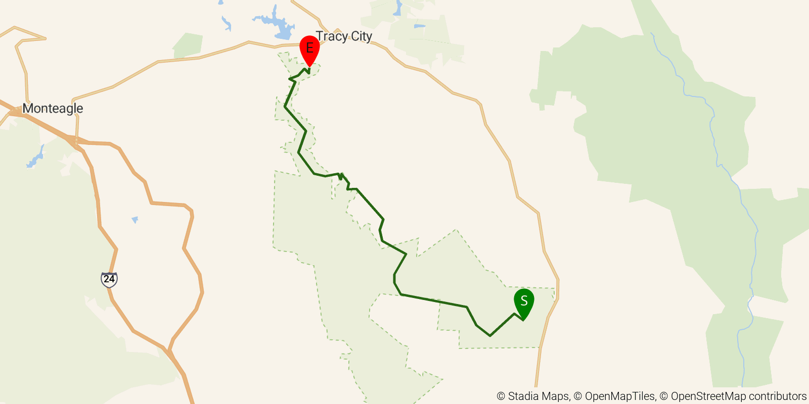 Route map of the Fiery Gizzard Trail on OpenStreetMap terrain