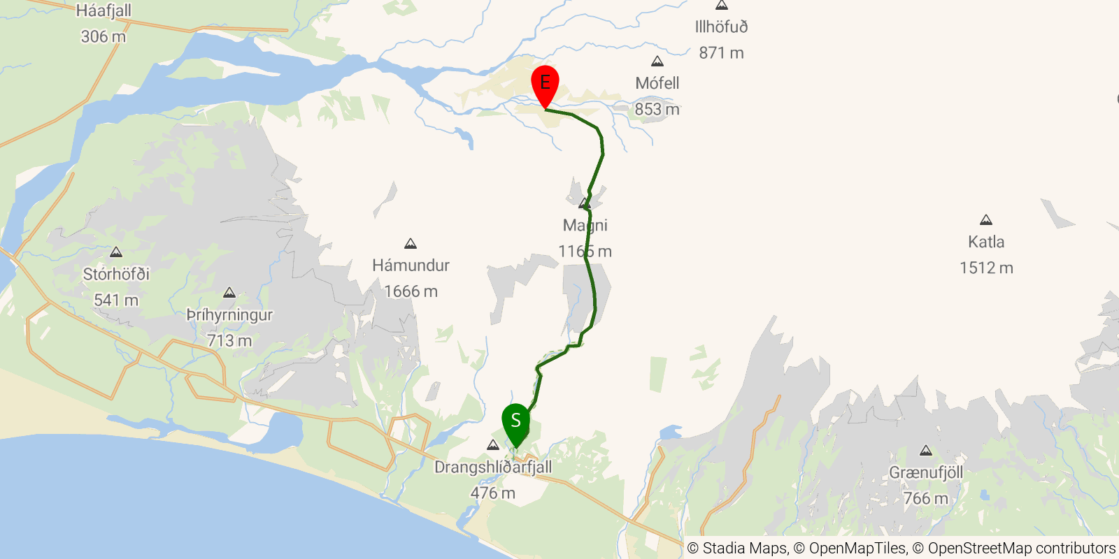 Route map of the Fimmvörðuháls on OpenStreetMap terrain