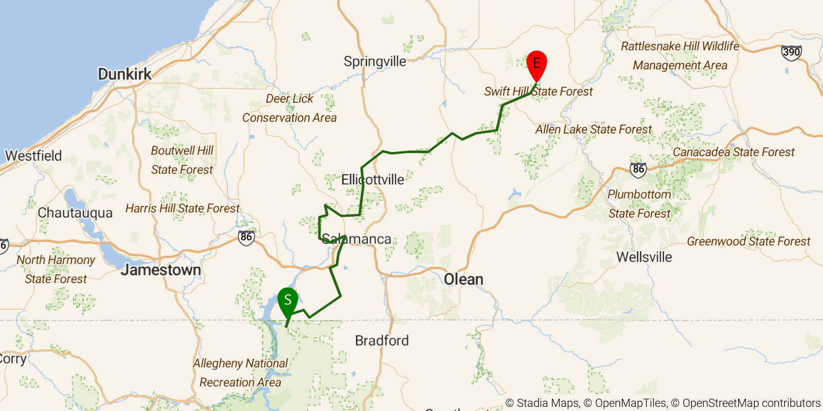 Route map of the Finger Lakes Trail — Allegany Region on OpenStreetMap terrain