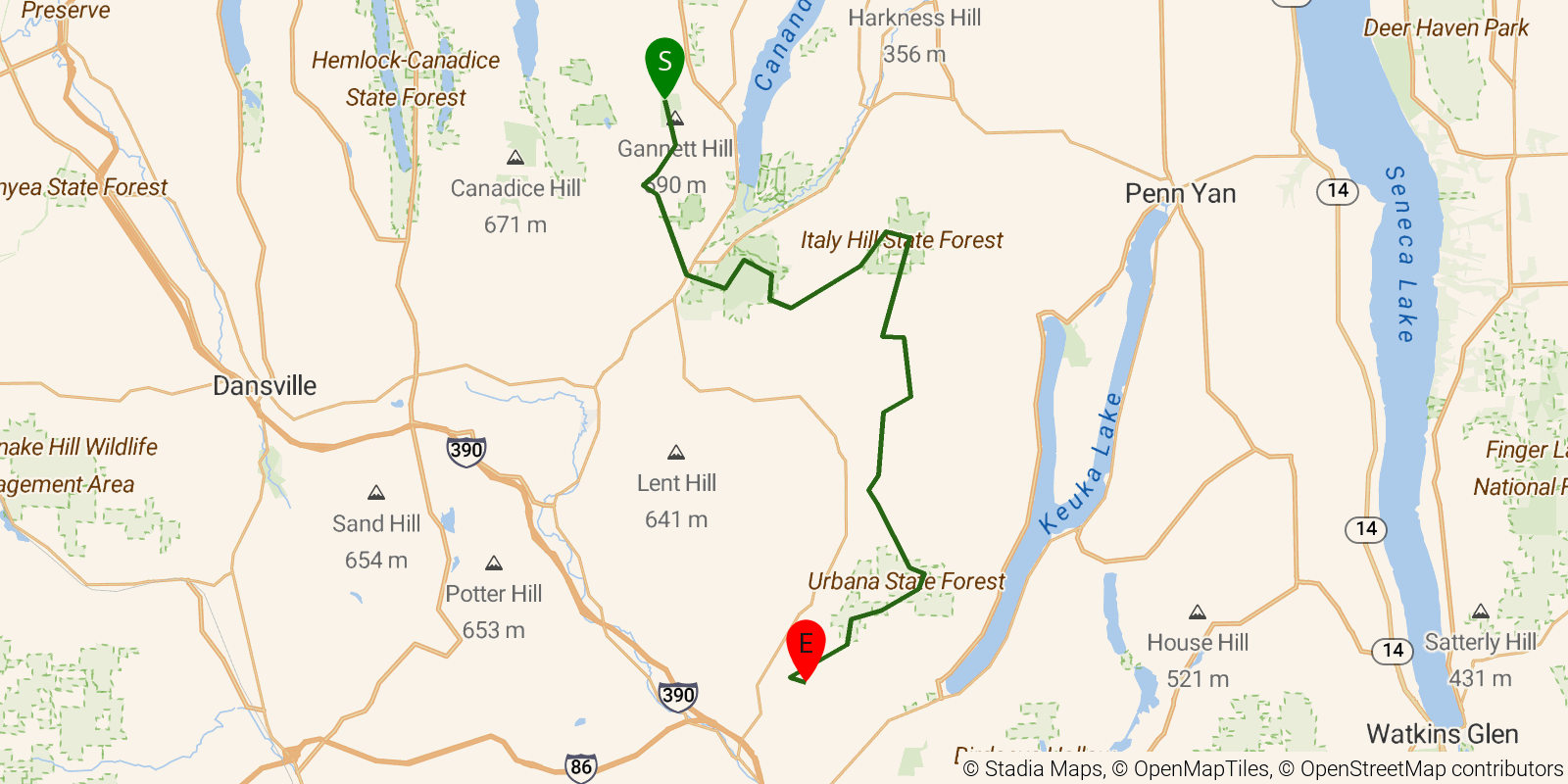 Route map of the Finger Lakes Trail — Bristol Hills Branch on OpenStreetMap terrain