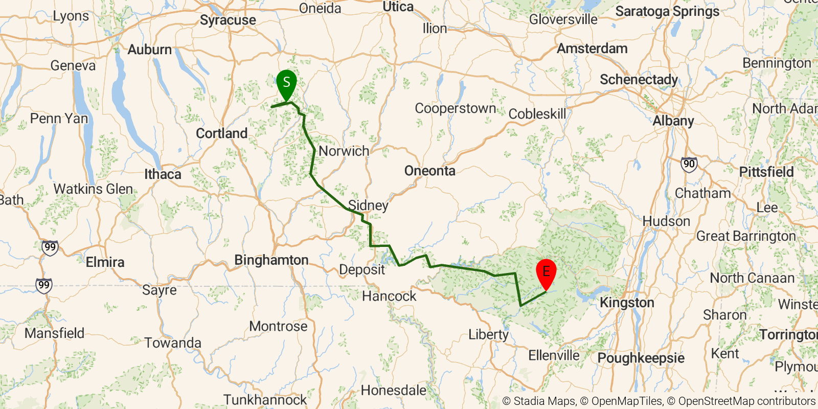 Route map of the Finger Lakes Trail — Catskill Region on OpenStreetMap terrain