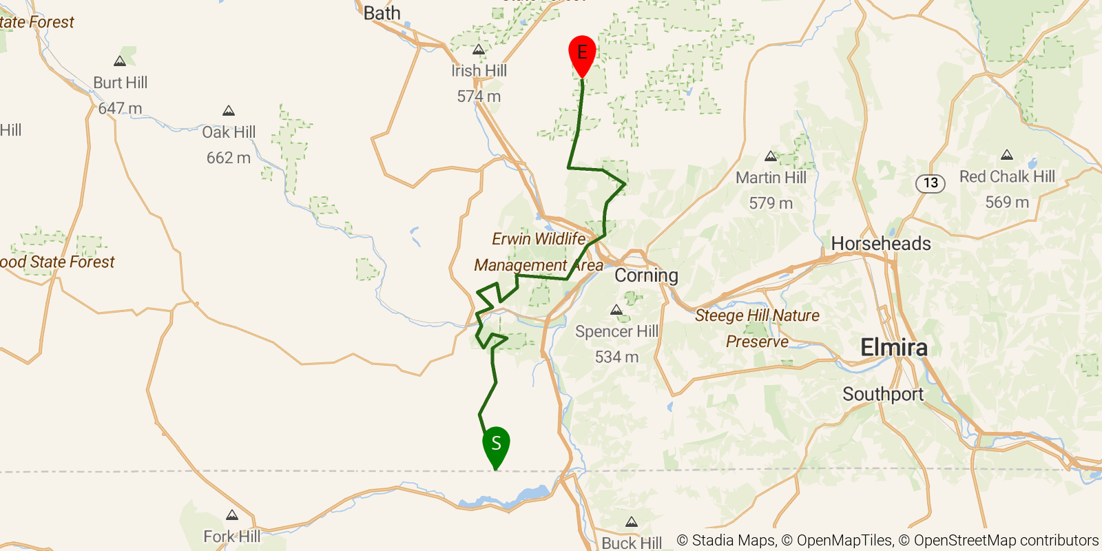 Route map of the Finger Lakes Trail — Crystal Hills Branch on OpenStreetMap terrain