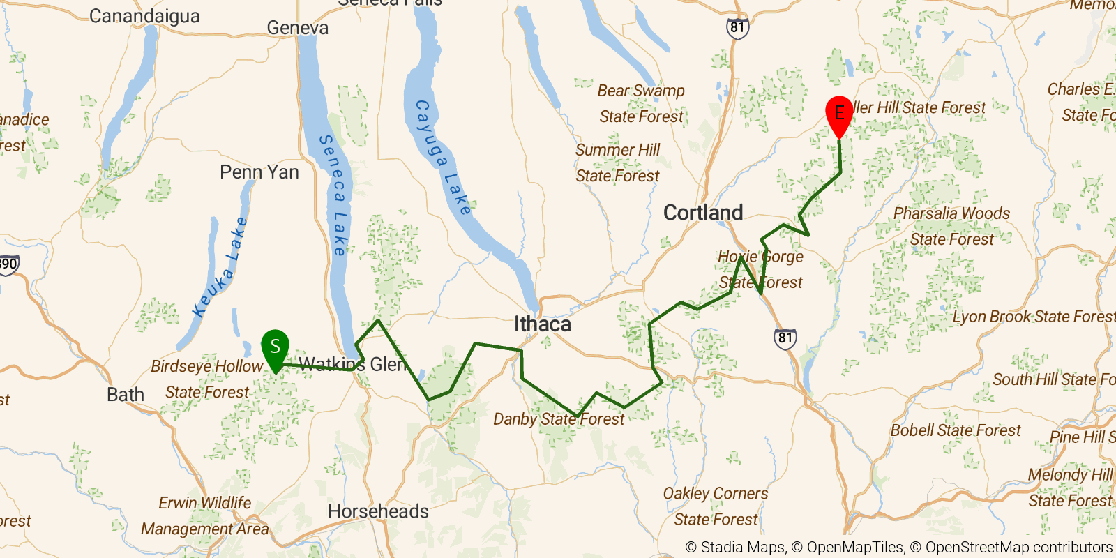 Route map of the Finger Lakes Trail — Eastern Finger Lakes Region on OpenStreetMap terrain