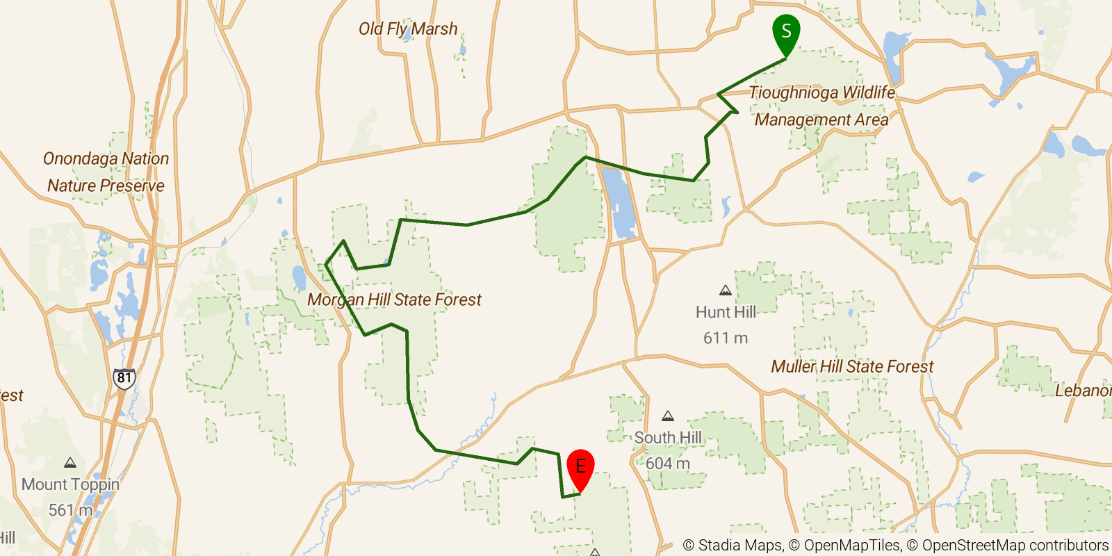 Route map of the Finger Lakes Trail — Onondaga Branch on OpenStreetMap terrain