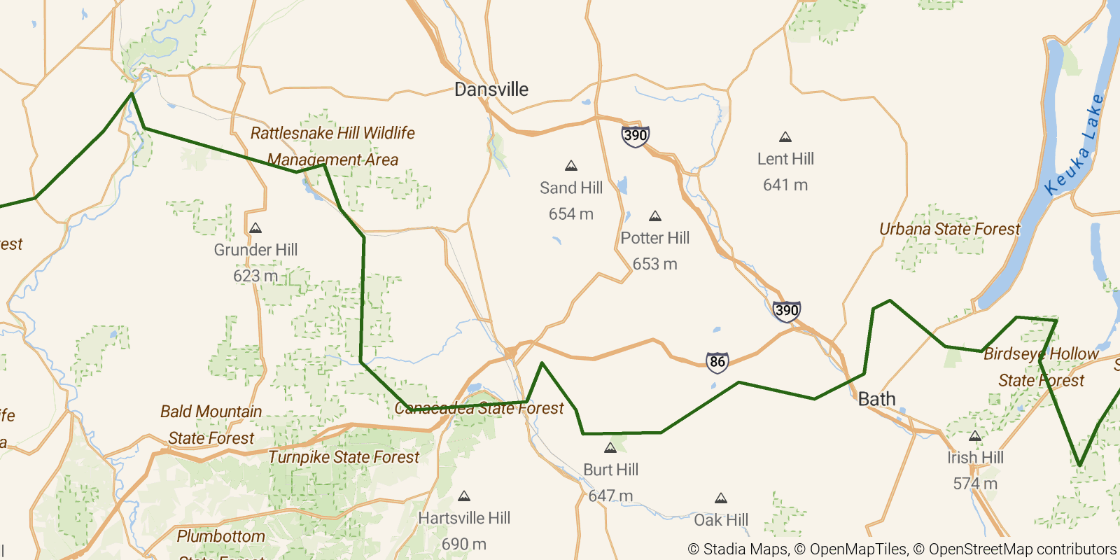 Route map of the Finger Lakes Trail — Western Finger Lakes Region on OpenStreetMap terrain