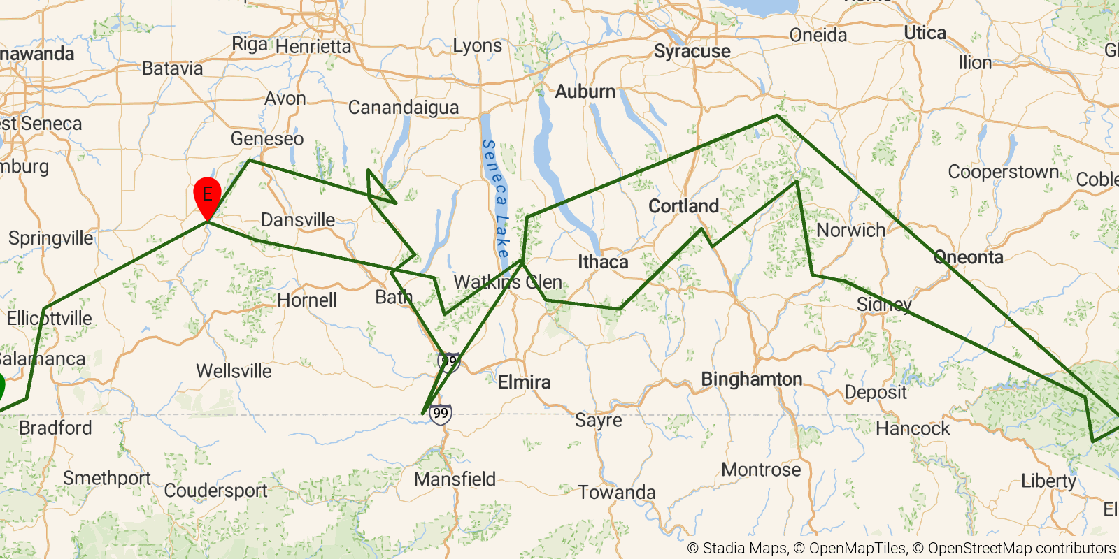 Route map of the Finger Lakes Trail on OpenStreetMap terrain