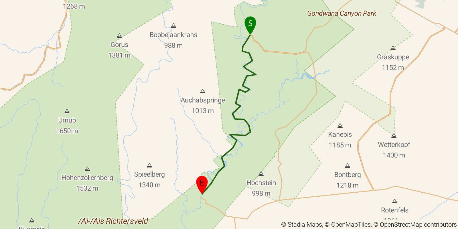 Route map of the Fish River Canyon Hiking Trail on OpenStreetMap terrain