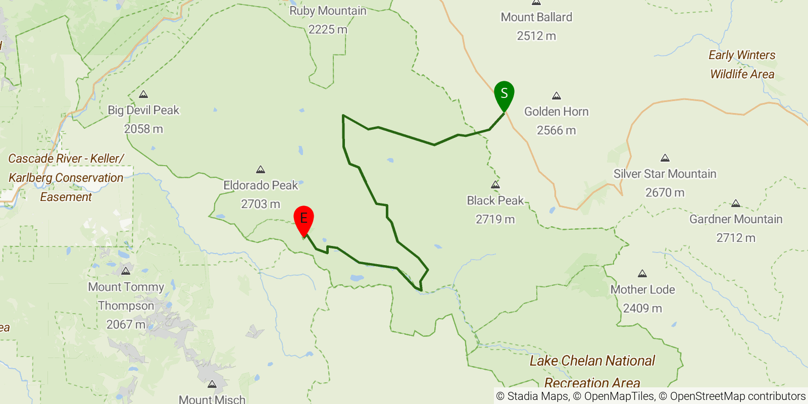 Route map of the Fisher–Thunder–Park–Cascade Cross-Park Trek on OpenStreetMap terrain