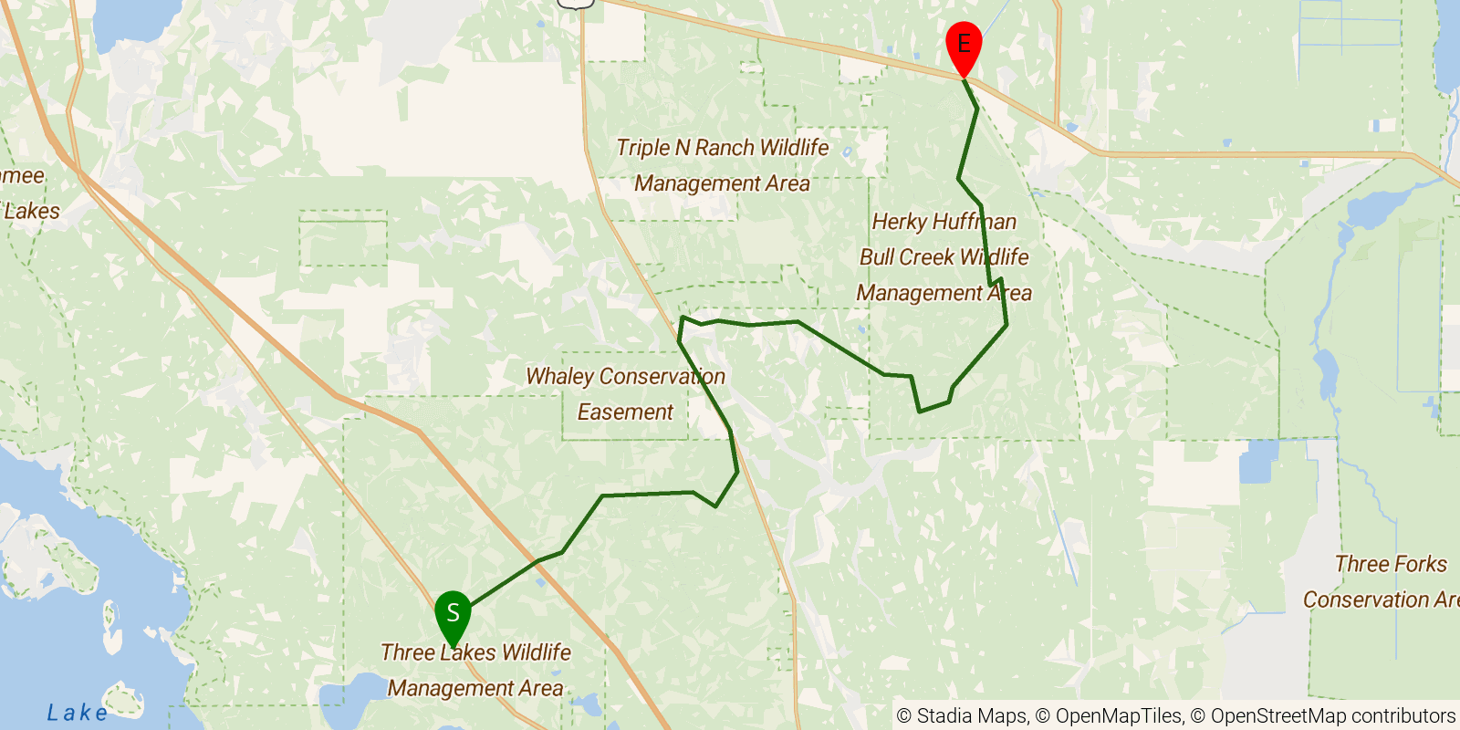 Route map of the Florida National Scenic Trail — Section 10: Three Lakes on OpenStreetMap terrain