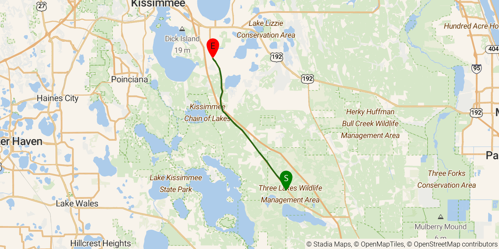 Route map of the Florida National Scenic Trail — Section 10w: Upper Kissimmee on OpenStreetMap terrain