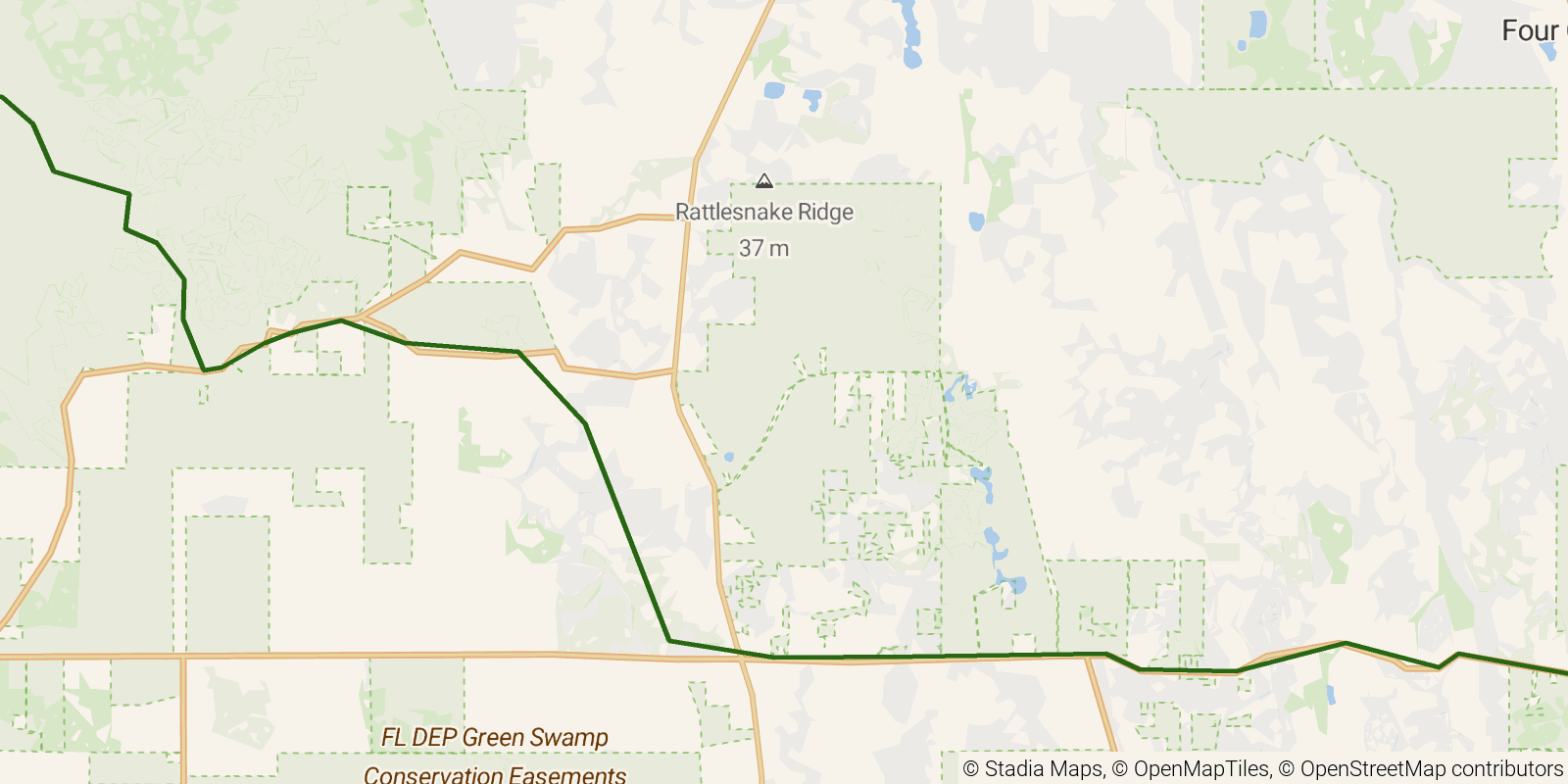 Route map of the Florida National Scenic Trail — Section 12w: Green Swamp East on OpenStreetMap terrain