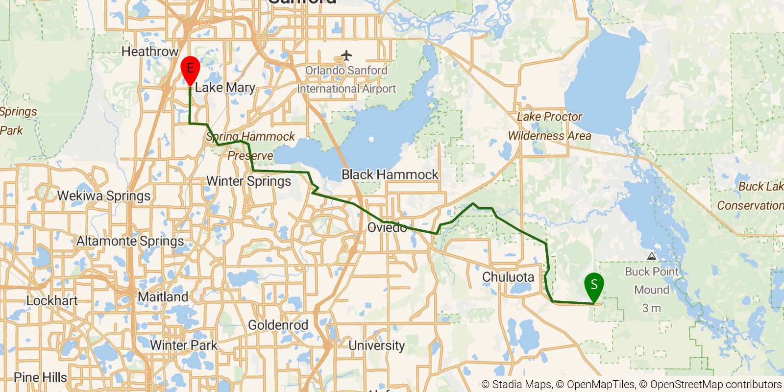 Route map of the Florida National Scenic Trail — Section 13: Lake Jesup on OpenStreetMap terrain