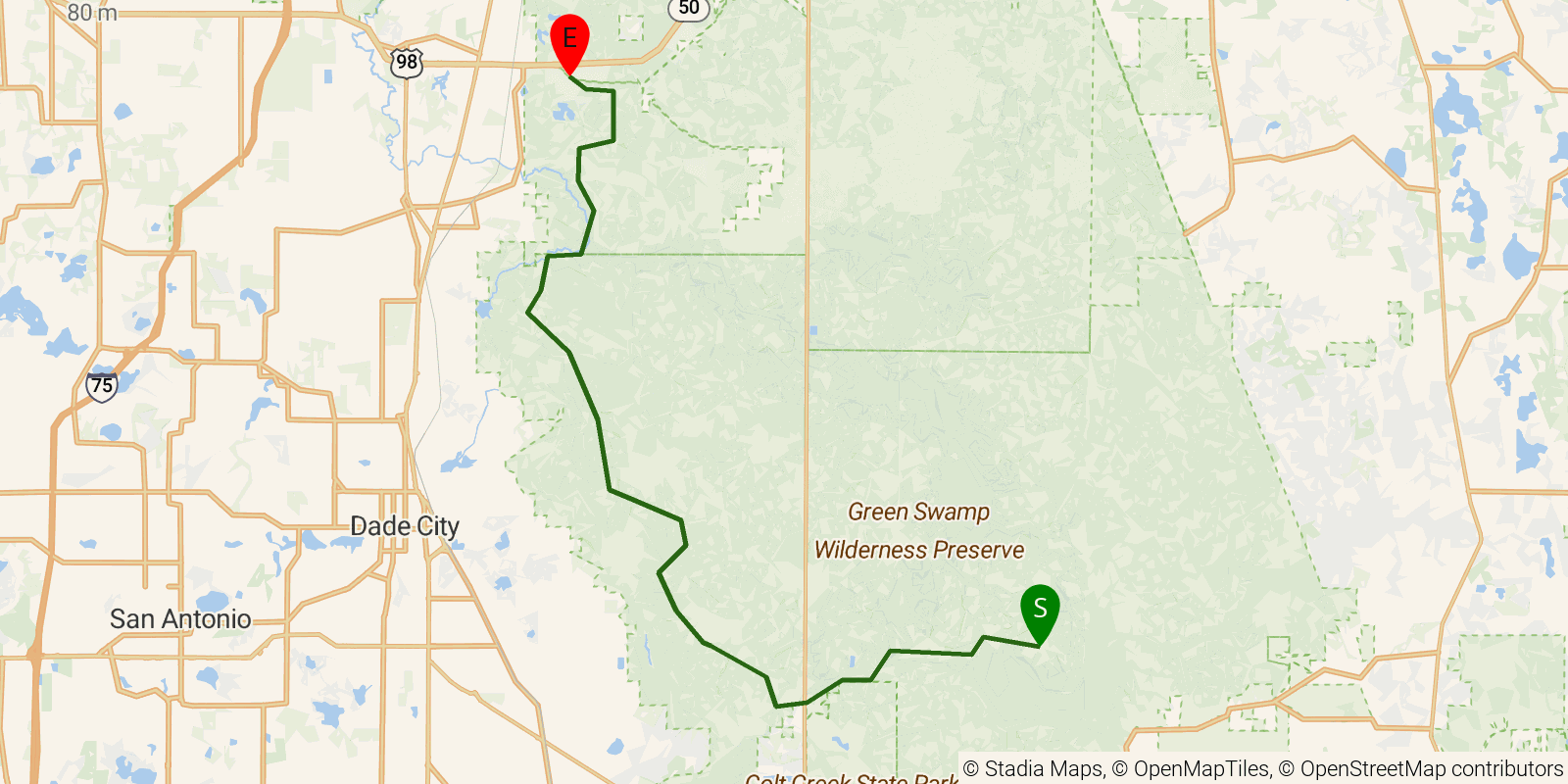 Route map of the Florida National Scenic Trail — Section 13w: Richloam/Green Swamp West on OpenStreetMap terrain