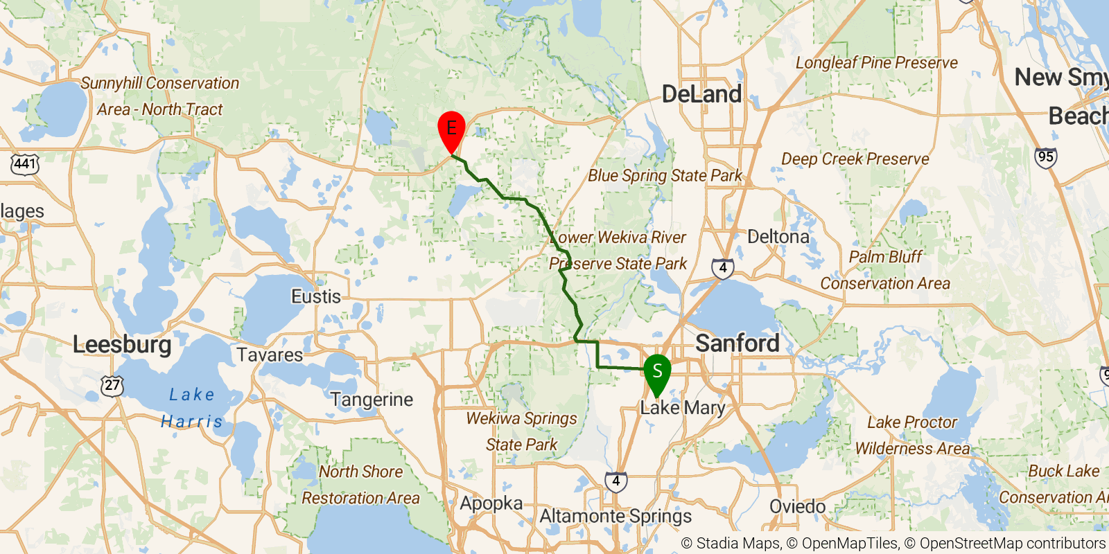 Route map of the Florida National Scenic Trail — Section 14: Cassia on OpenStreetMap terrain
