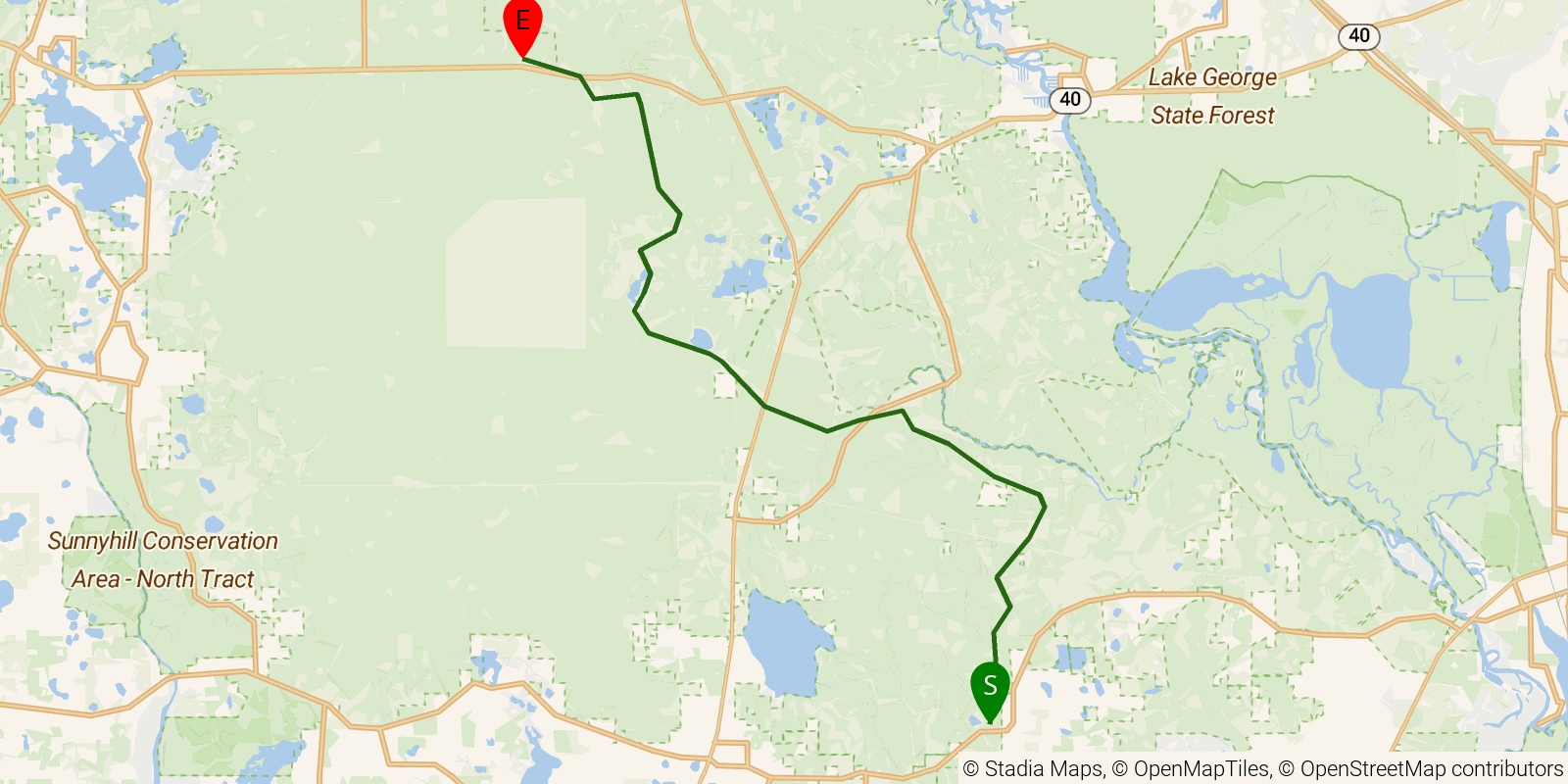 Route map of the Florida National Scenic Trail — Section 15: Ocala South on OpenStreetMap terrain