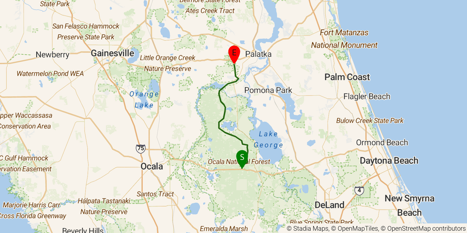 Route map of the Florida National Scenic Trail — Section 16: Ocala North on OpenStreetMap terrain