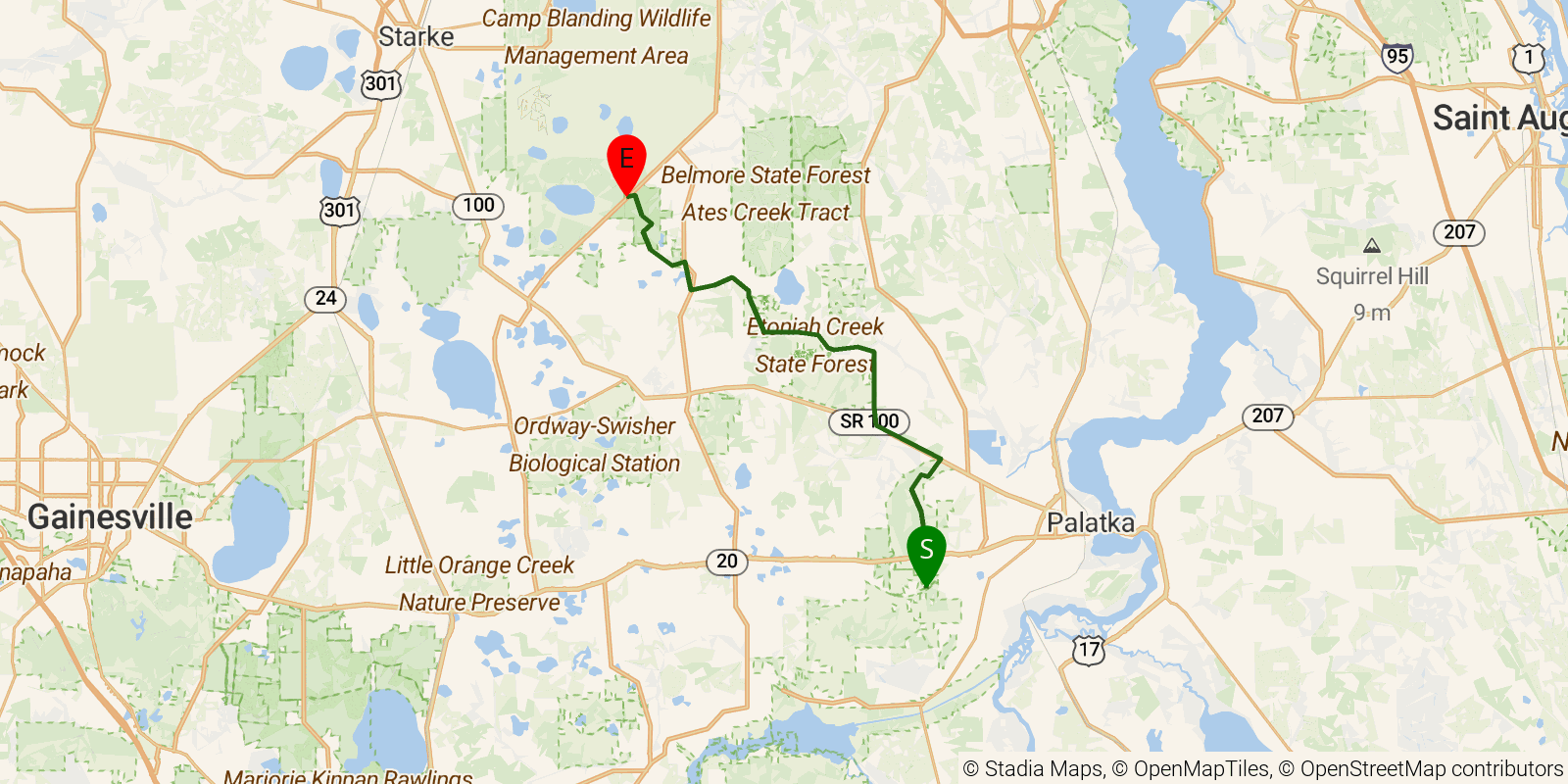 Route map of the Florida National Scenic Trail — Section 17: Rice Creek/Etoniah/Gold Head on OpenStreetMap terrain