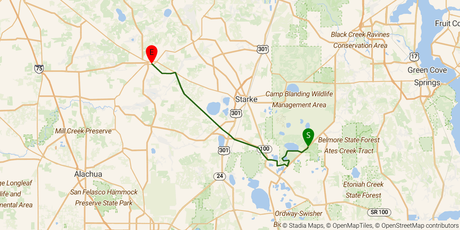 Route map of the Florida National Scenic Trail — Section 18: Camp Blanding on OpenStreetMap terrain