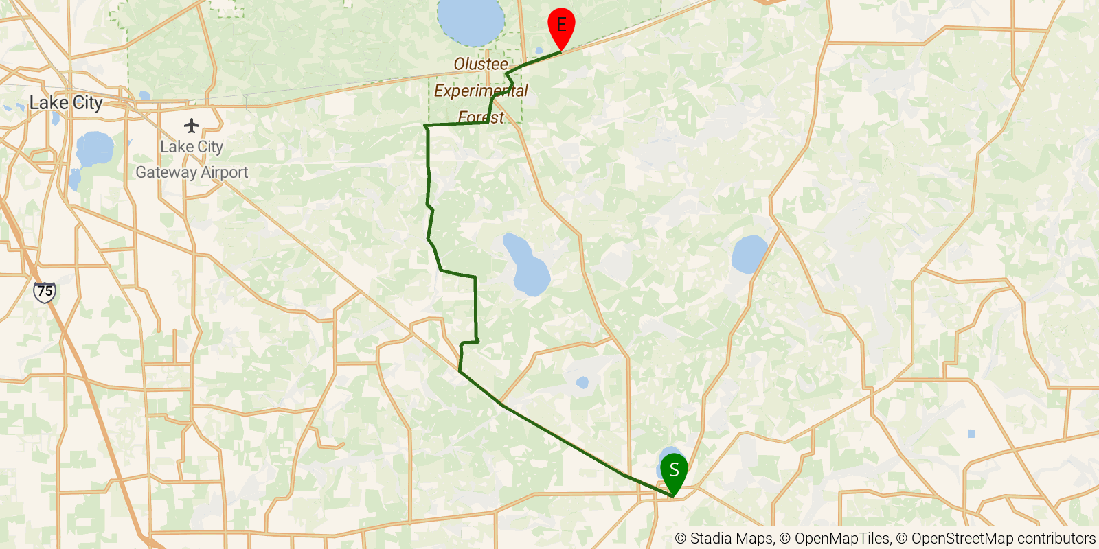 Route map of the Florida National Scenic Trail — Section 19: Lake Butler Forest on OpenStreetMap terrain