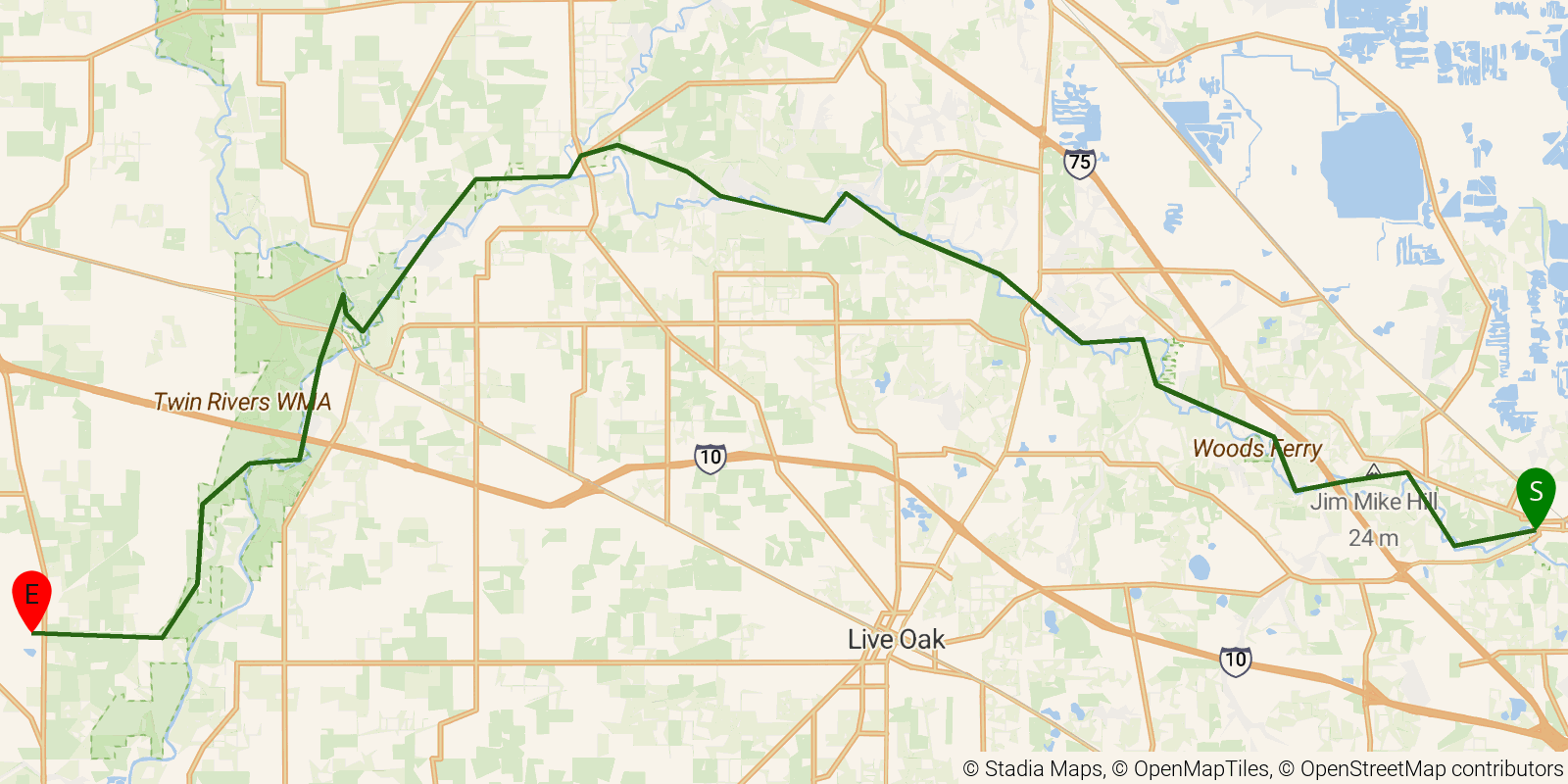Route map of the Florida National Scenic Trail — Section 21: Suwannee River on OpenStreetMap terrain